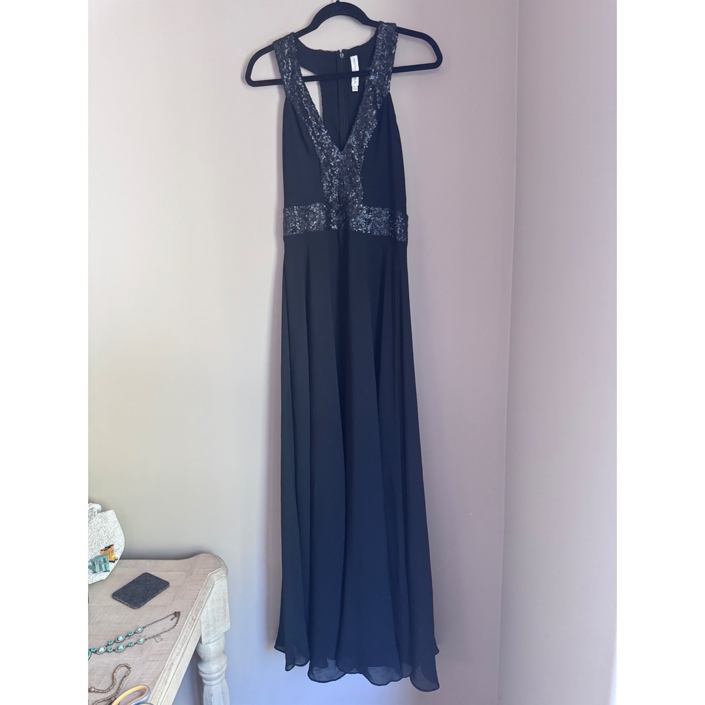 Dress The Population Sequin V-Neck Racerback Gown Black Navy Size Large Formal - Picture 3 of 9